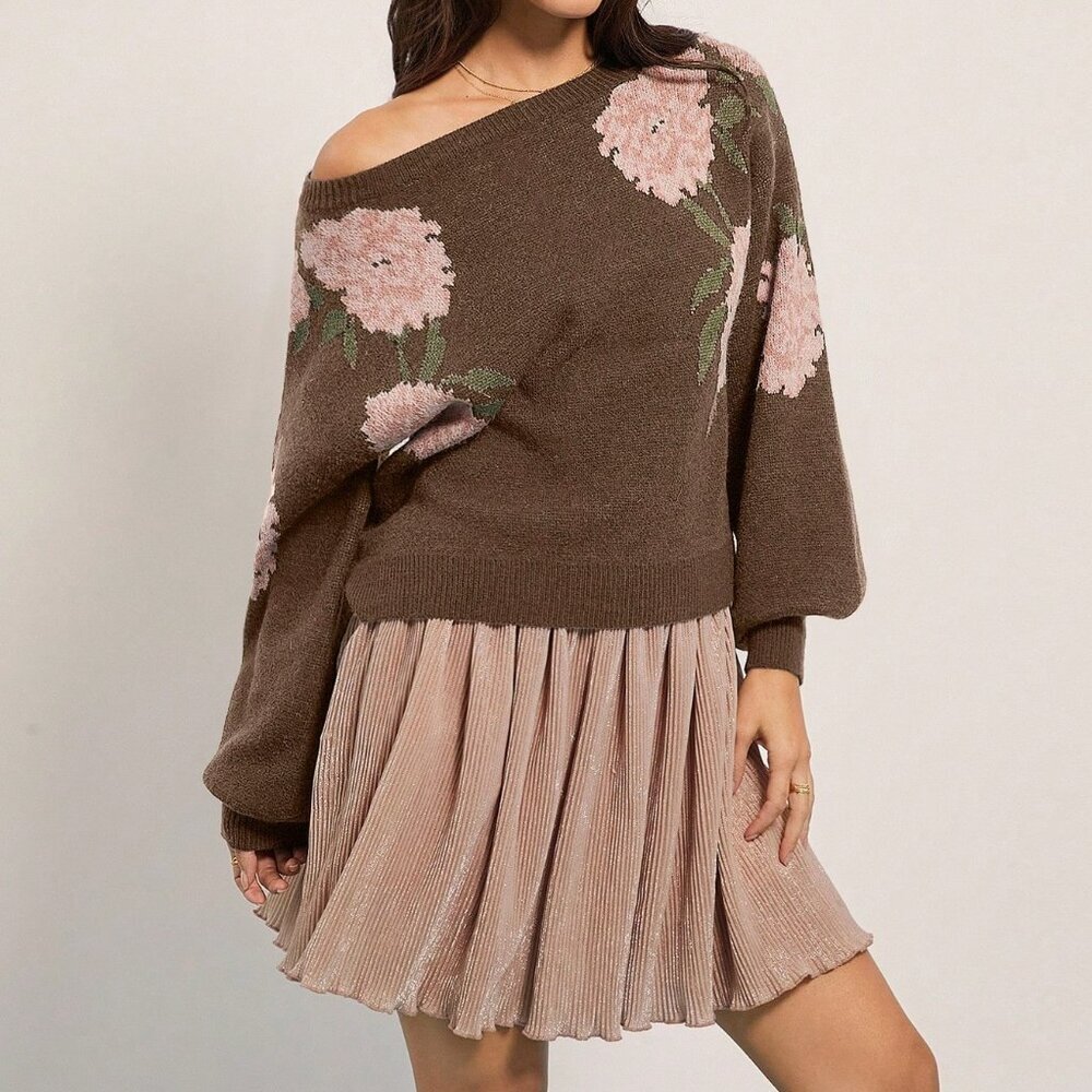 Brown Western Women's Floral Intarsia Knit Sweater - Picture 3 of 5
